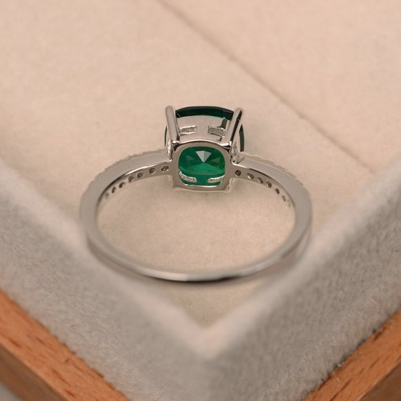 Sterling Silver Emerald Diamond Cushion Cut Ring - Picture 3 of 3